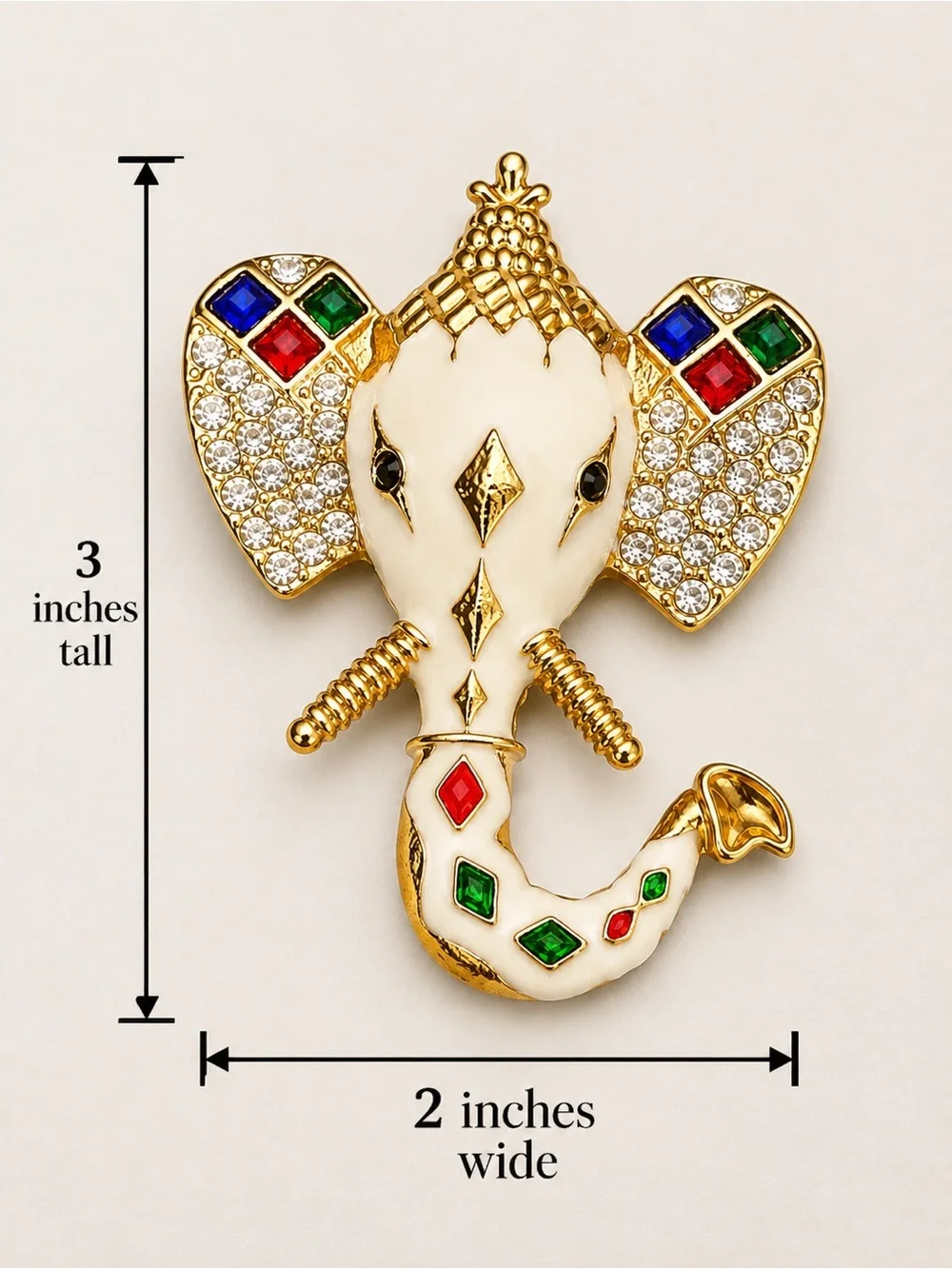 Gold Elephant Brooch with White Enamel and Multicolor Accents